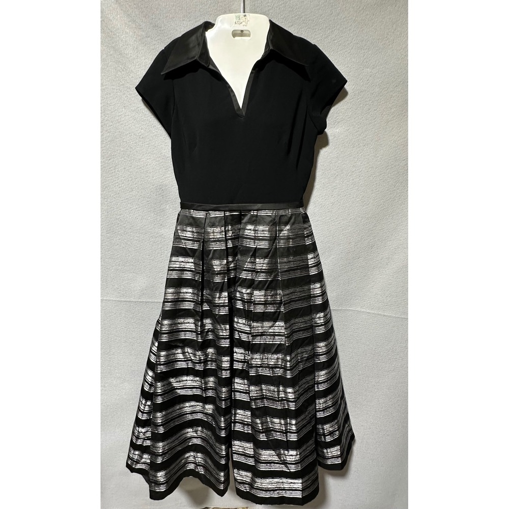 Theia Black and Silver Metallic Stripe Fit & Flare Cocktail Party Dress Size 8
